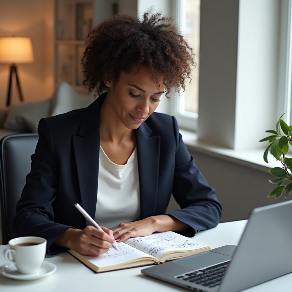 Woman working on business plan at desk with notes and laptop