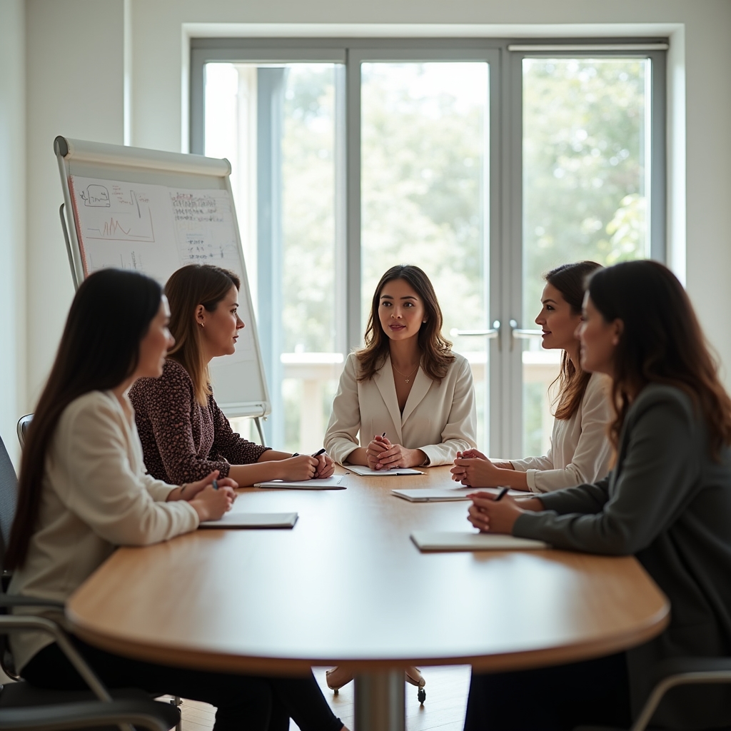 Group mentorship session in progress, women seated around a table