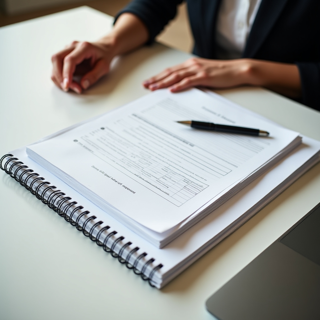 Programme documentation and reports on a professional desk, neatly organised