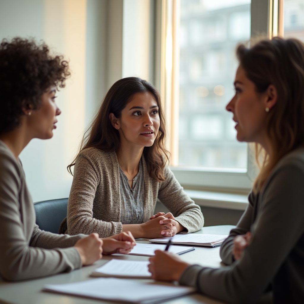 Women in a structured group session, engaged in discussion around a table